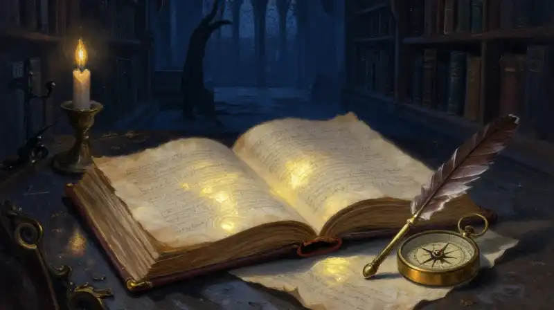 An open classic book glowing with light in a dark library