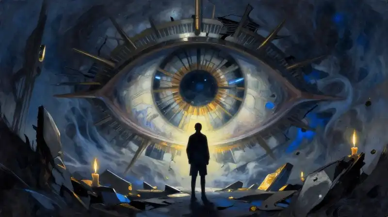 Silhouette overlooking a dystopian mechanical eye in midnight blue tones
