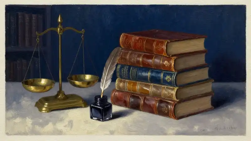 Old books and a brass scale in a moody library