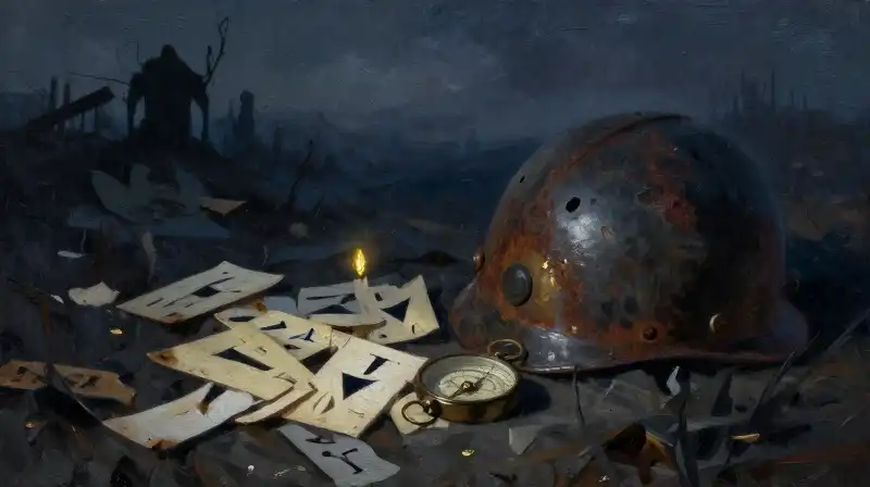 An evocative oil painting of war relics in deep blue tones