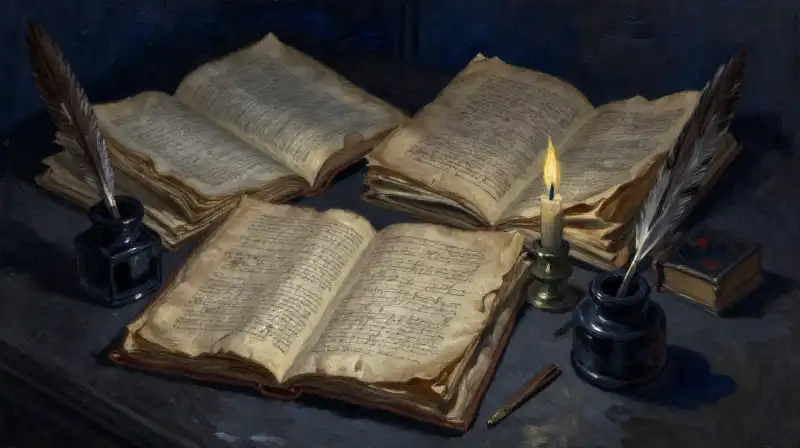 Old manuscripts and inkwells in a dark blue library