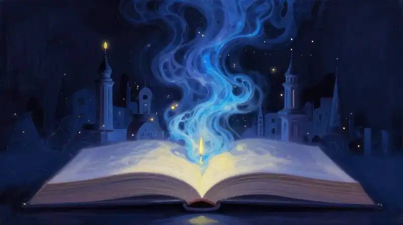 An open book with glowing architectural shapes rising from its pages
