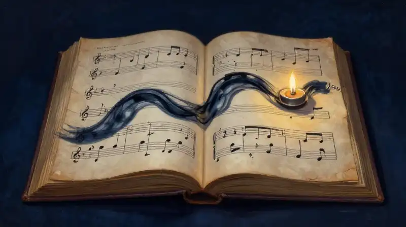 An open antique book with flowing ink waves in indigo tones