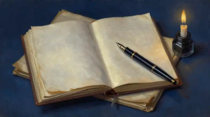 Antique books and inkwell in moody blue lighting
