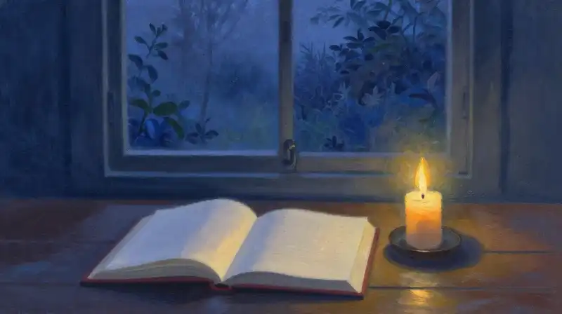 An open manuscript beside a candle in a moody blue room
