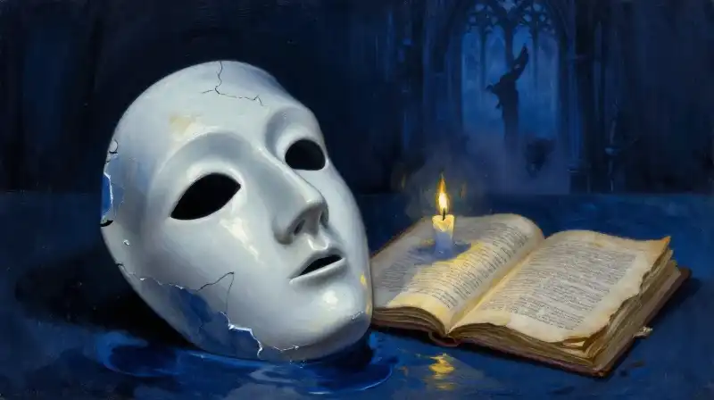 A fractured mask and old manuscript in moody indigo shadows