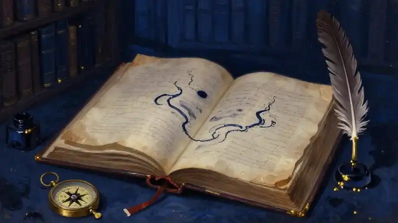 An open antique book with a compass and quill in blue light