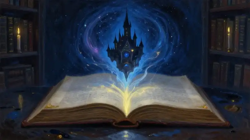An open magical book revealing a fantasy world in deep blue tones