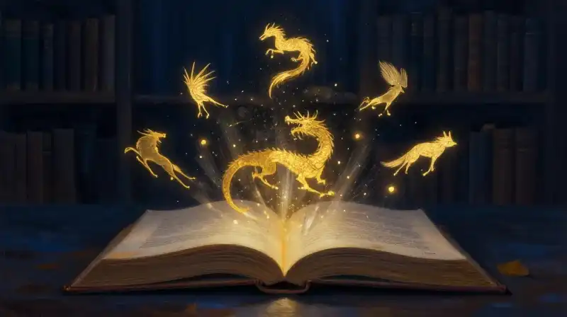 An open book glowing with golden light in a dark blue library