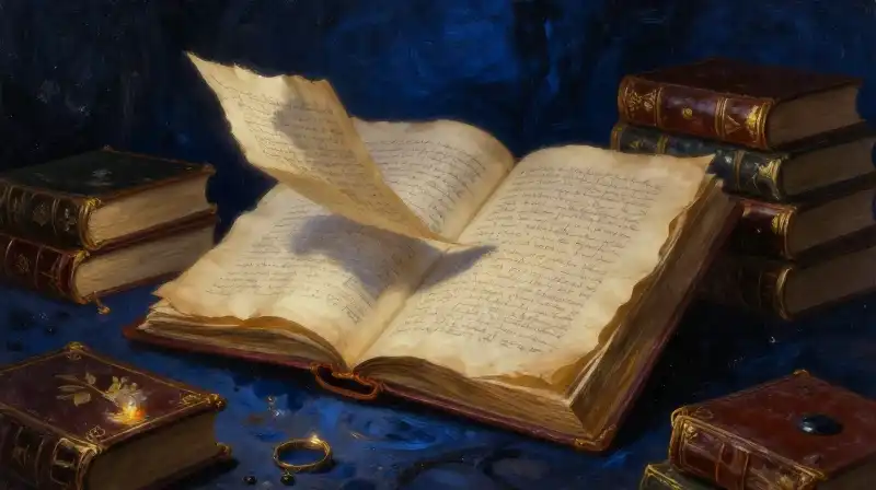 Antique books and floating parchment in a moody blue setting