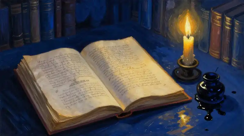 An open ancient book illuminated by soft candlelight in a dark blue room