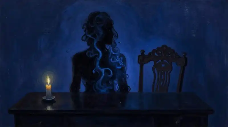 A dissolving silhouette of a figure amidst dark blue shadows