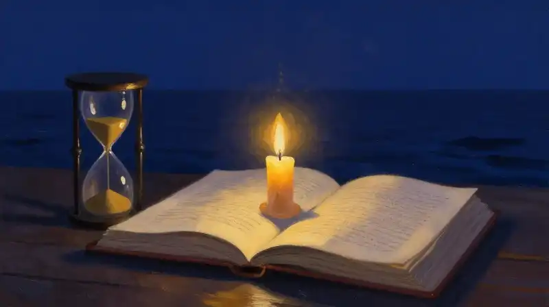 An open manuscript and hourglass in a moody blue atmosphere