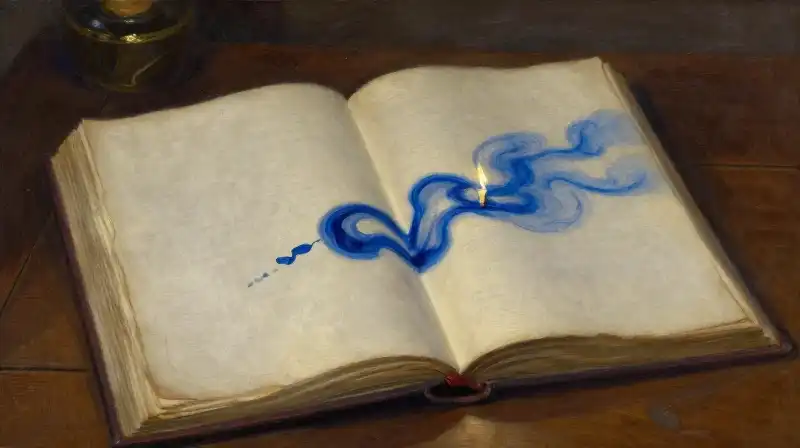 An open ancient manuscript illuminated by soft candlelight in deep blue tones