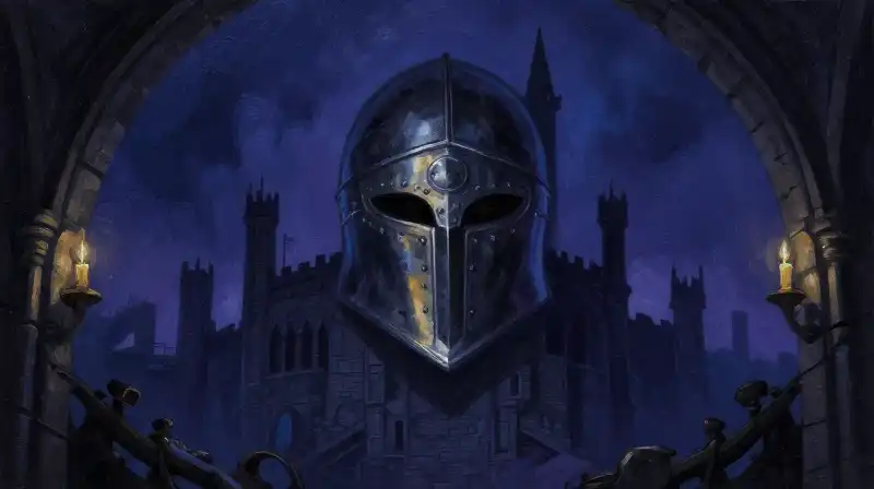 Atmospheric Gothic castle and mysterious iron helmet in blue tones