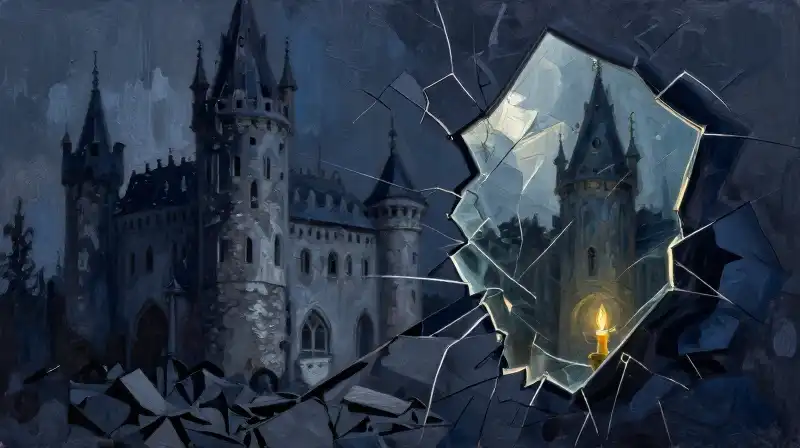 Literary illustration of gothic ruins and a fractured mirror in indigo blue