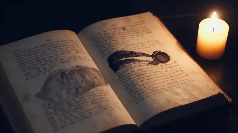 Antique book with ink shadows and candlelight in deep blue tones