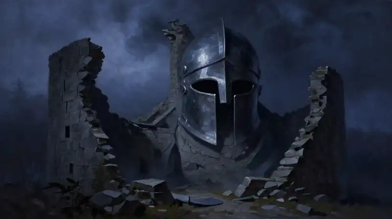 Gothic castle ruins and a giant supernatural helmet in indigo tones