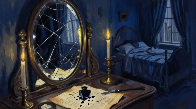A cracked mirror and ink on parchment in deep blue tones