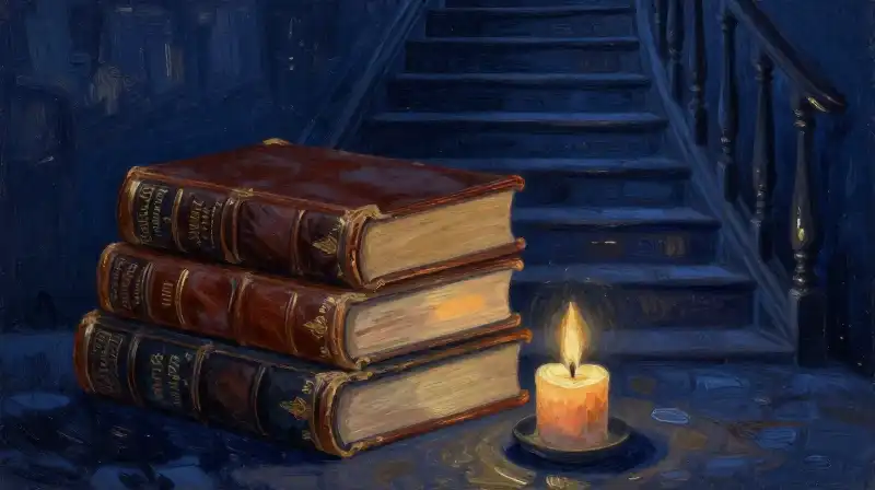 Three old books on a dark staircase in moonlight