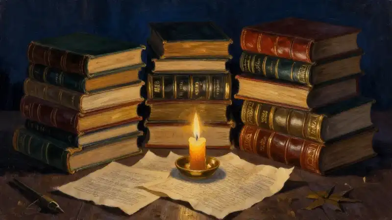Stack of antique horror books in a dark library