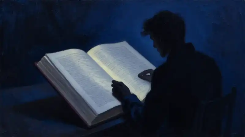 A lone reader studying a large book in a dark blue room
