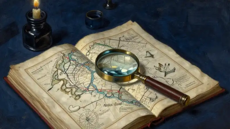 Close-up of open manuscripts and magnifying glass in blue light
