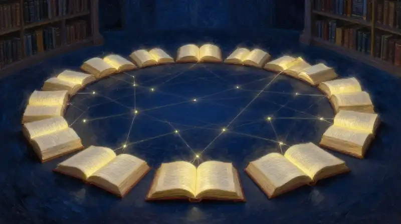 Glowing books connected by light in a dark library