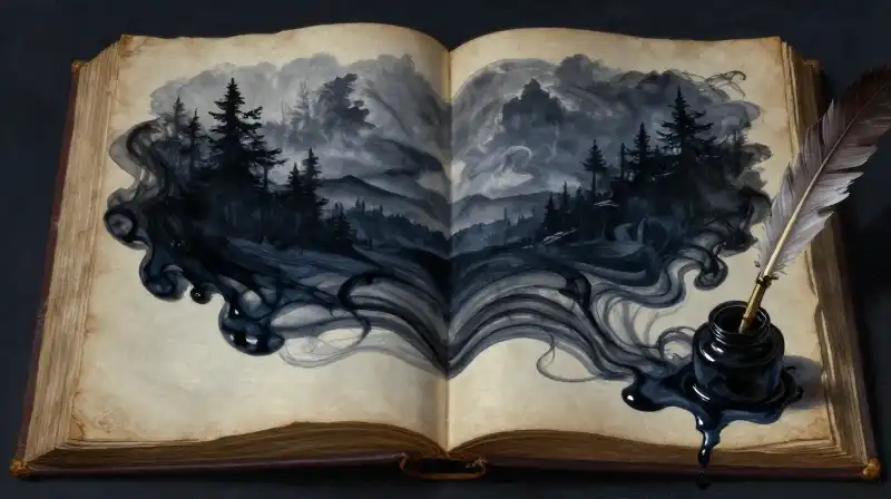 An open manuscript dissolving into flowing ink landscapes in deep blue tones