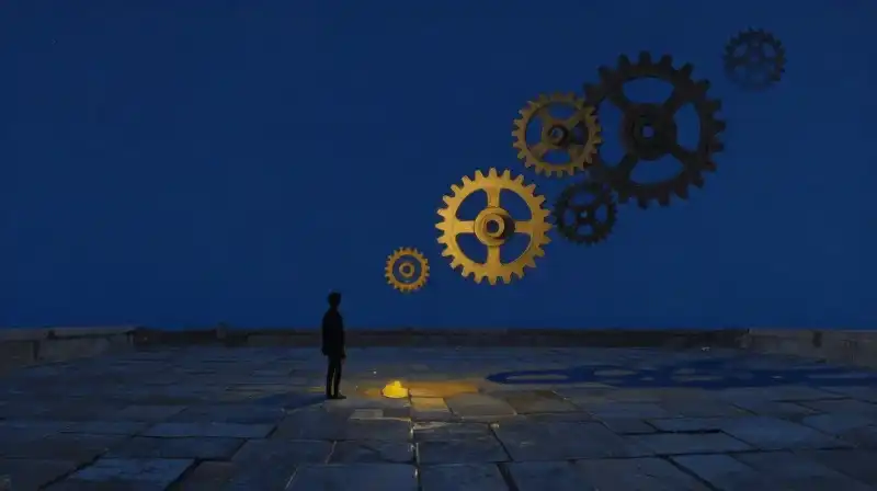A solitary silhouette in a vast blue philosophical landscape