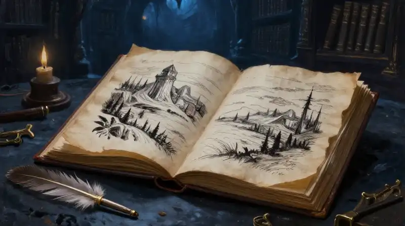An open antique book with ink illustrations in a moody library