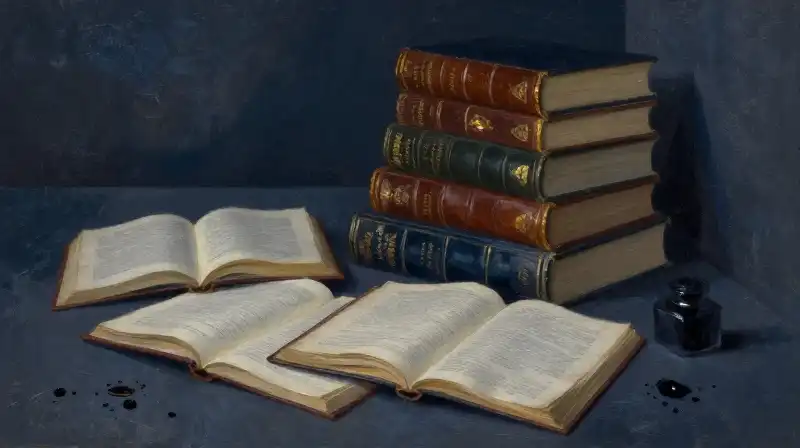 Stacked antique books and manuscripts in a dark blue library
