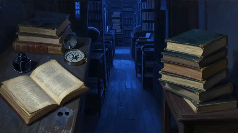 Three paths of classic mystery books in a dark library