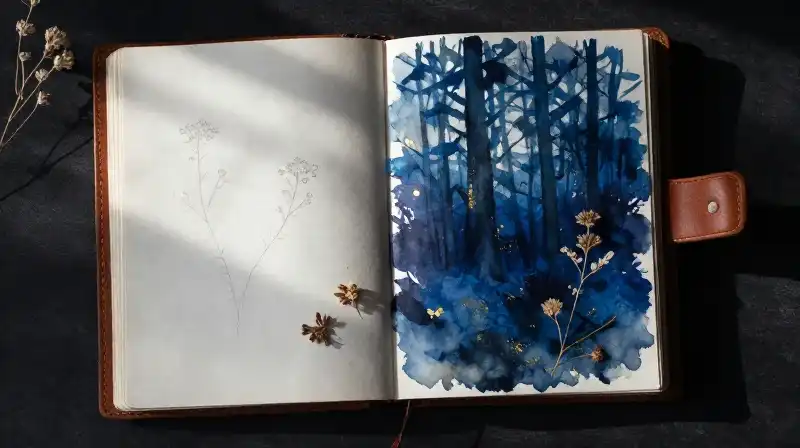 Vintage book with sketches in a moody blue forest setting