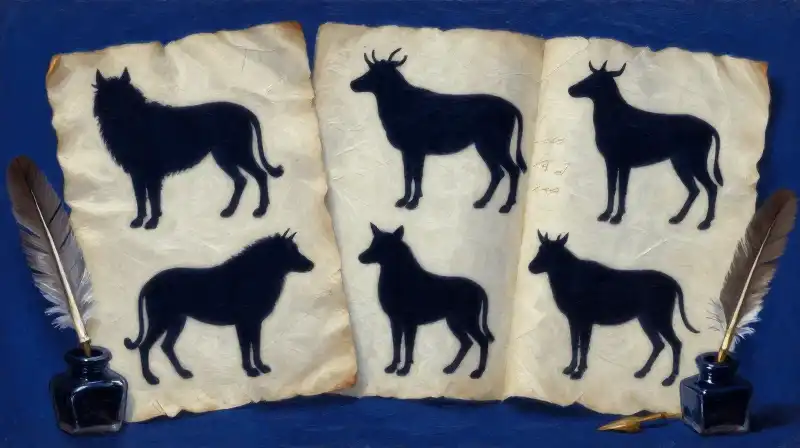 Symbolic animal silhouettes on aged manuscripts in deep blue tones
