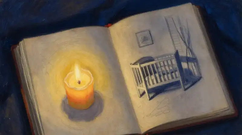 An open vintage manuscript with soft ink sketches in blue tones
