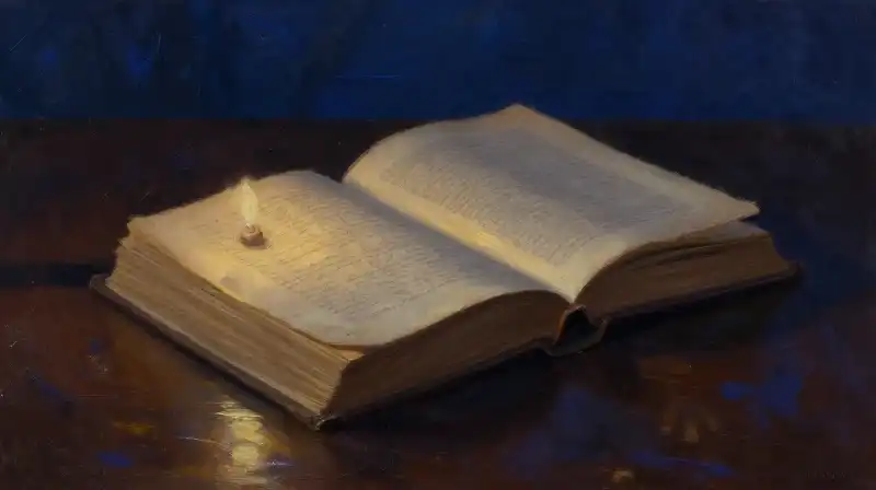 An antique book illuminated by soft candlelight in deep blue tones
