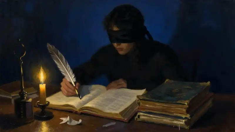 A blindfolded figure studying old manuscripts in moody blue light