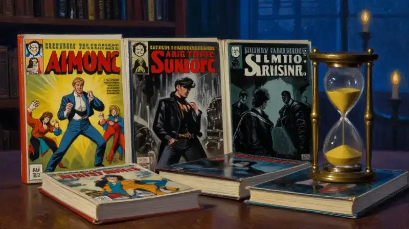 Vintage comic books evolving through different artistic eras in a blue library
