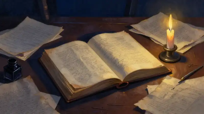 An open antique book and manuscripts in moody blue lighting