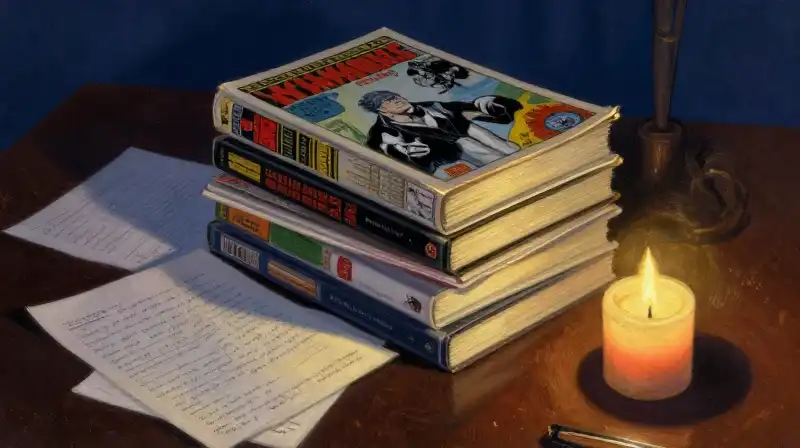 Stack of vintage comics and research notes in moody blue light