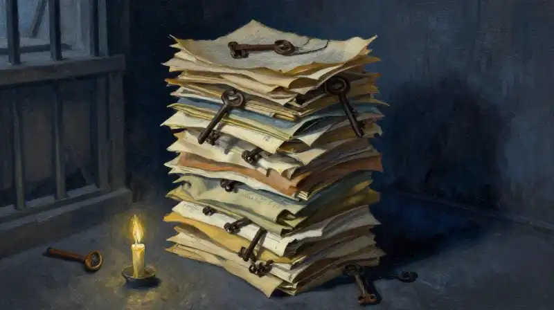 Atmospheric oil painting of old prison keys and dusty manuscripts