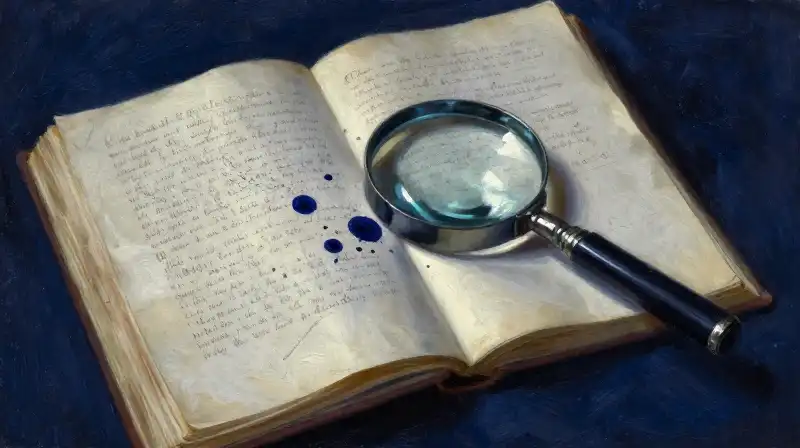 Magnifying glass over an open antique manuscript in blue light