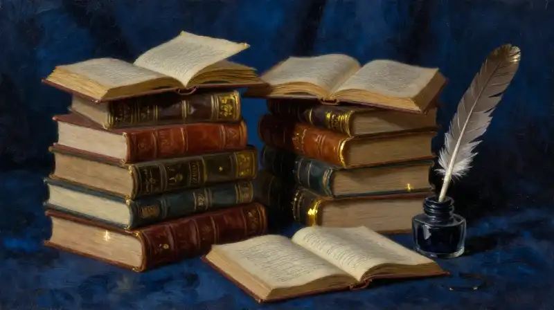 Antique books and quill on a dark blue scholarly desk