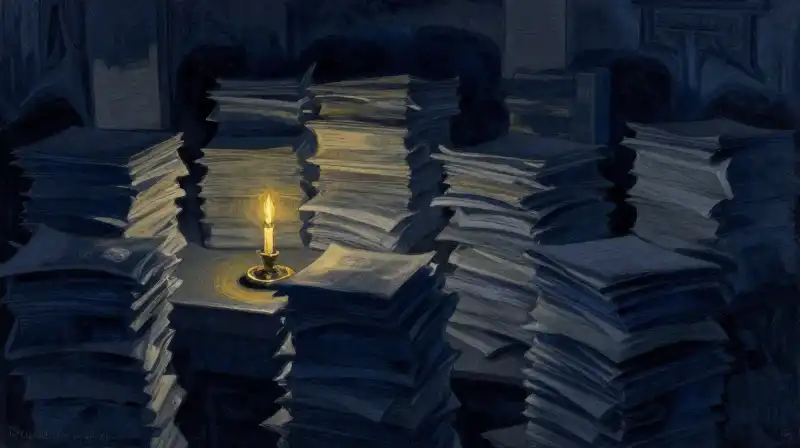 Atmospheric blue illustration of endless paper stacks and candlelight