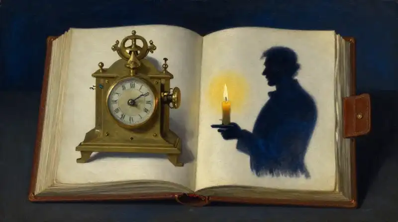 An open book with a brass clock in moody indigo light