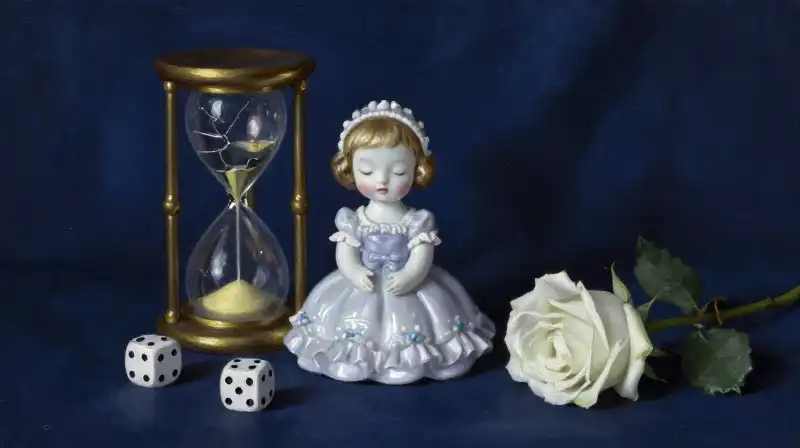 A fragile doll and hourglass in a dark blue literary setting