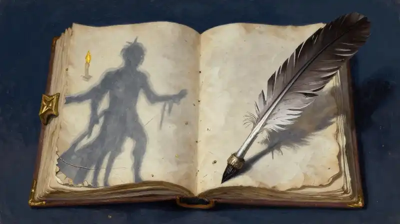 An aged manuscript and quill in atmospheric blue lighting
