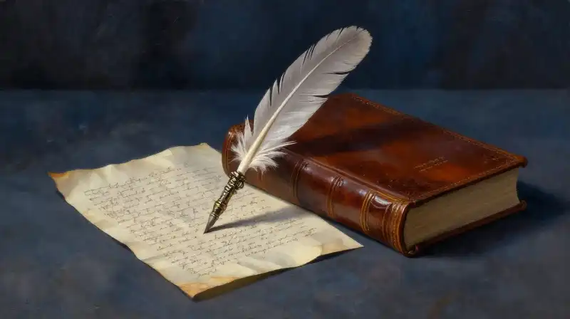 An old quill and books in deep indigo tones