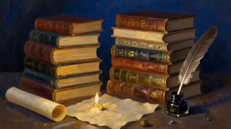 Antique books and scrolls in a moody blue library